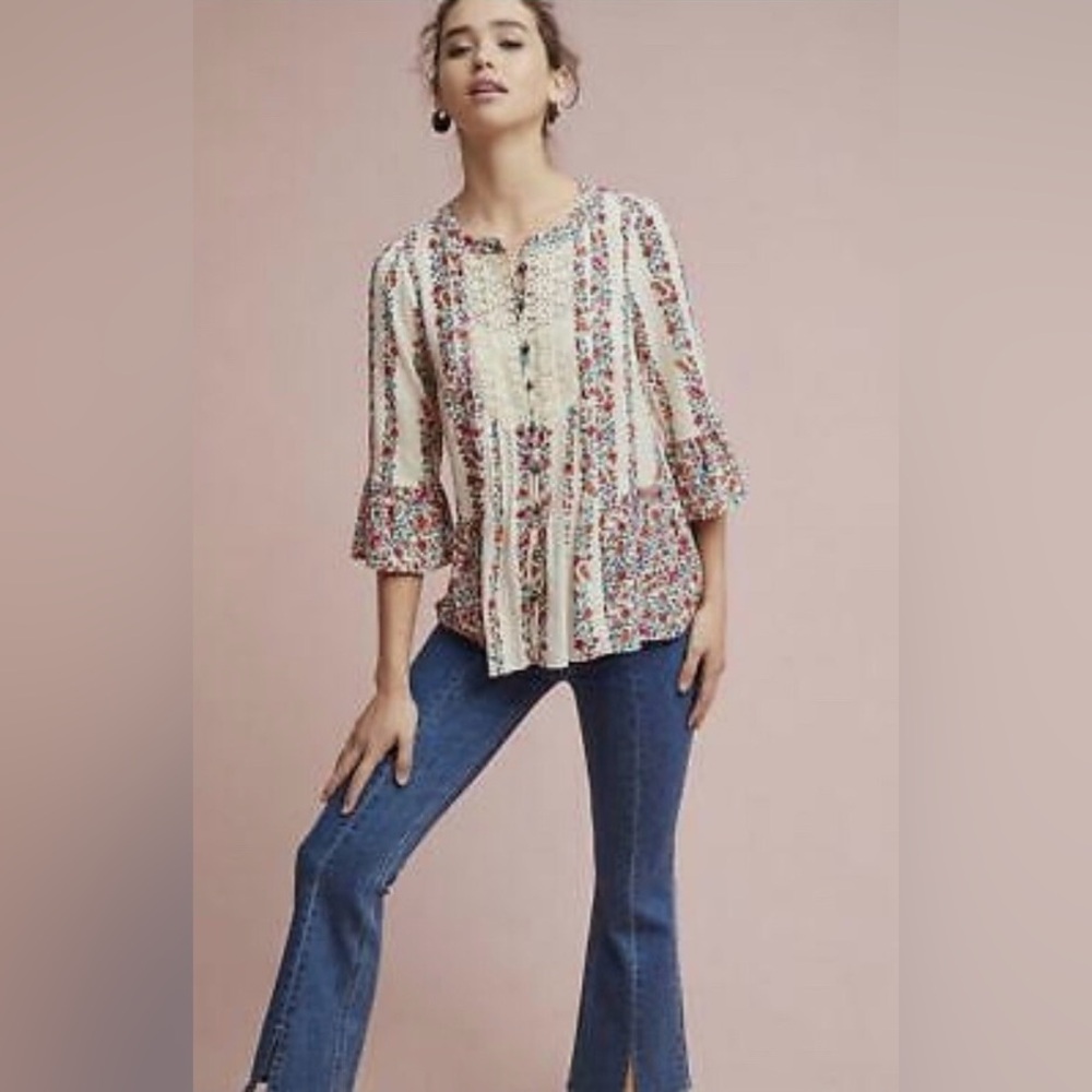 Anthropologie Maeve Floral Hiver Ivory Blouse Lace Button up Top Women's Size 6